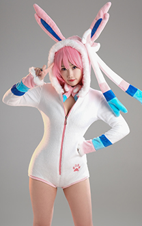 Sylveon Derivative Sexy Fluffy Hooded Bodysuit Halloween Deep V Kawaii One Piece Lingerie Rompers with Choker and Socks