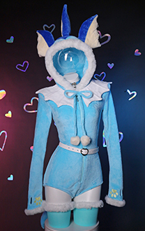 PM Derivative Kawaii Blau Sexy Bodysuit Lingerie mit Kapuze Dessous mit Choker Gürtel Socken Set