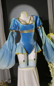 Princess Zelda Derivative Sexy Blau Bodysuit High Cut Lingerie Niedriger Kragen Rüschen Dessous mit Socken Arm Set
