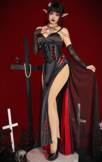 Halloween Gothic Vampir High Cut Kleid Schwarz Rot Slinge Kleid mit Halskette Spinne Zubehör
